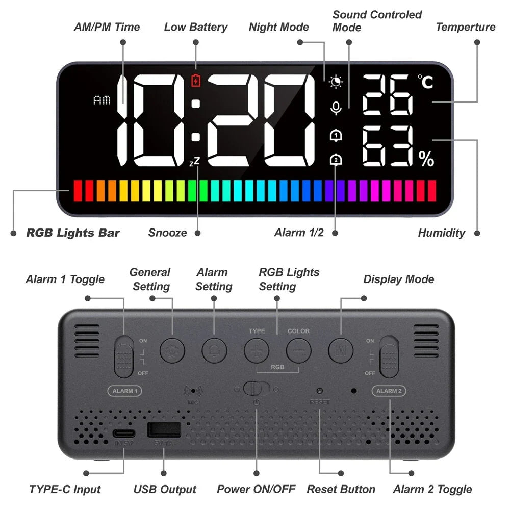 LED Rhythm Light Bar: Dual Alarm, 15 RGB Colors, Sound Control, Night Light, Thermometer, Hygrometer - 1200mAh Battery