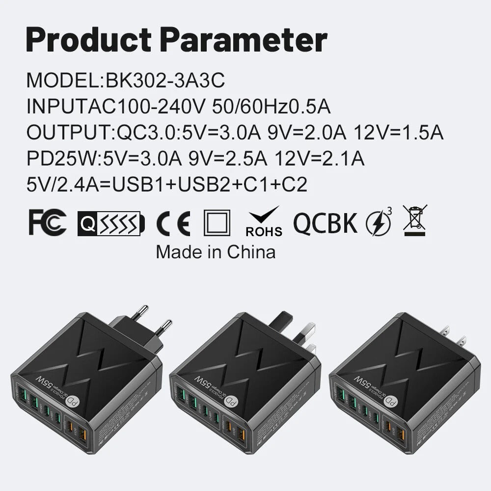 6-Port USB PD Charger, 3USB-A+3USB-C, Fast Charging Adapter for iPhone, Samsung, Hui