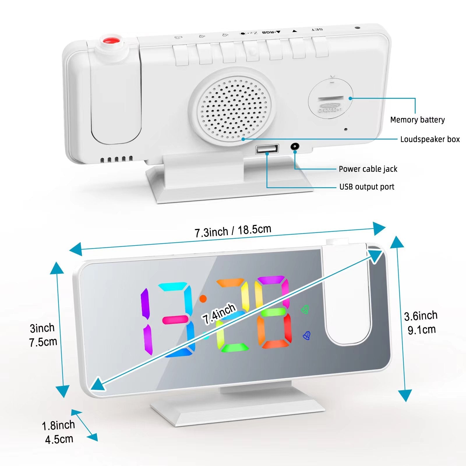 RGB LED Projection Alarm Clock: 180° Projector, 11 Colors, Mirror Surface, USB Charger, Adjustable Brightness - Bedroom/Living Room