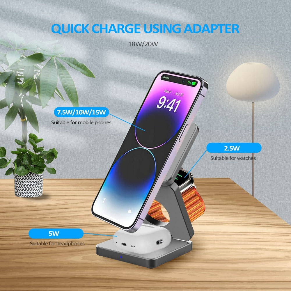 3-in-1 15W Foldable Magnetic Wireless Charger for iPhone, Apple Watch, AirPods - Fast Charging Station