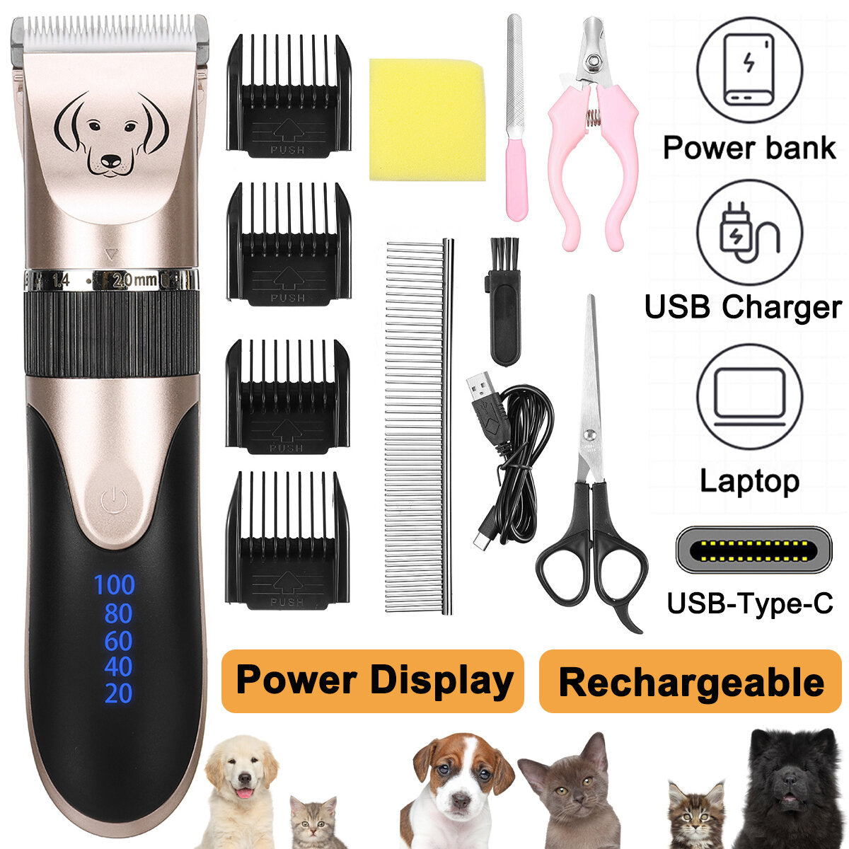 Professional Pet Cat Dog Clipper Grooming Electric Type-C Rechargeable Trimmer