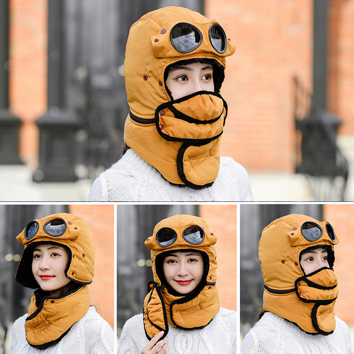 Winter Bomber Hats With Face Mask Plush Earflap with Goggles Warmer Windproof Thicken