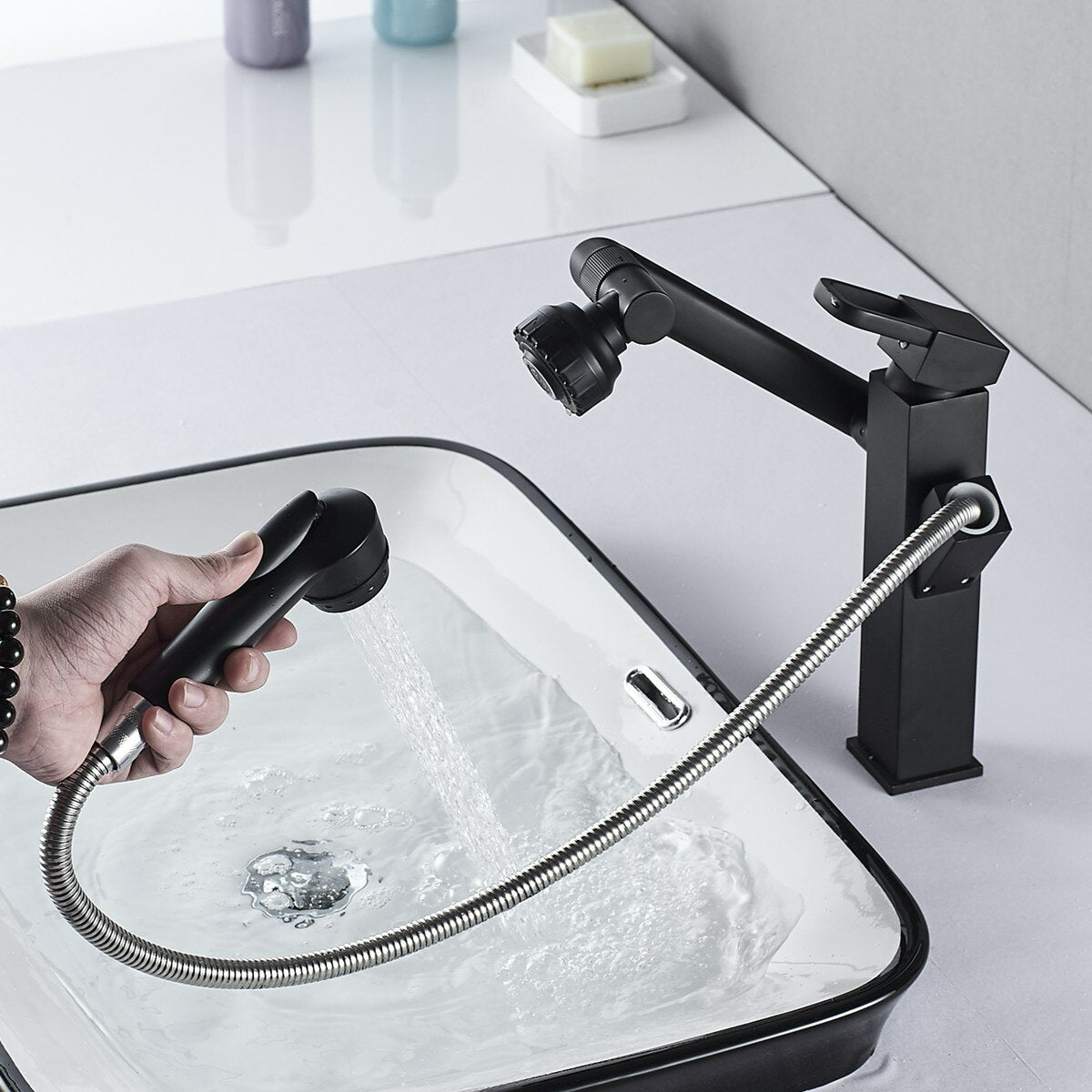 Bathroom Faucet Pull-Out Sink Adjustable and Rotatable with Sprayer Two Flow Modes Modern Lavatory Basin