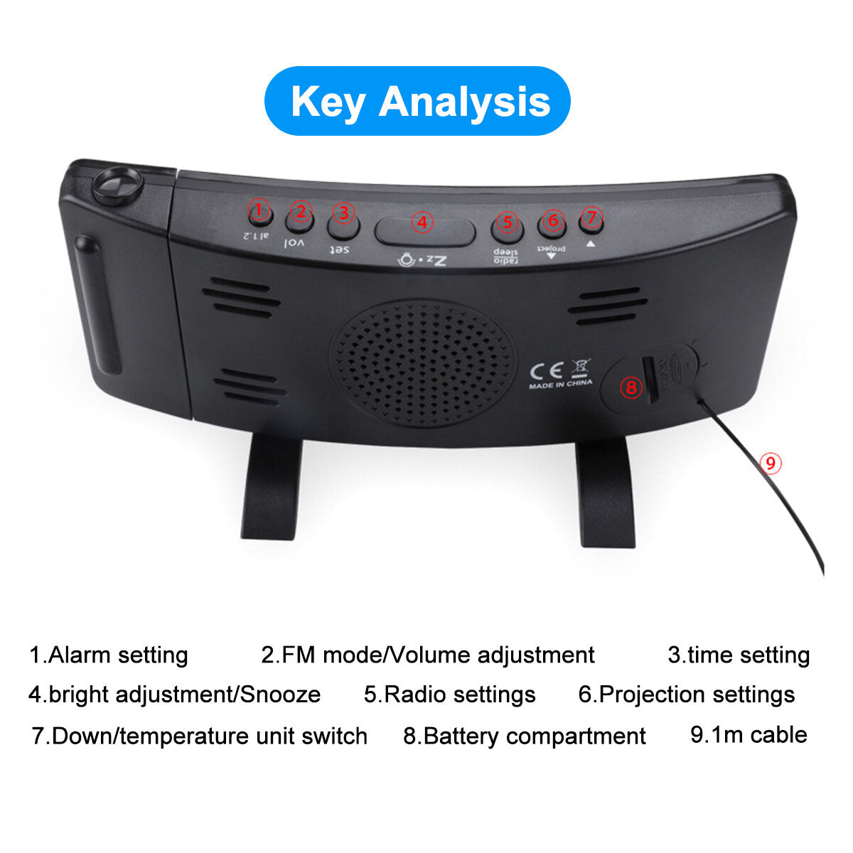 Dual USB LED Display FM Radio Alarm Clock With Time Projection Dimmable