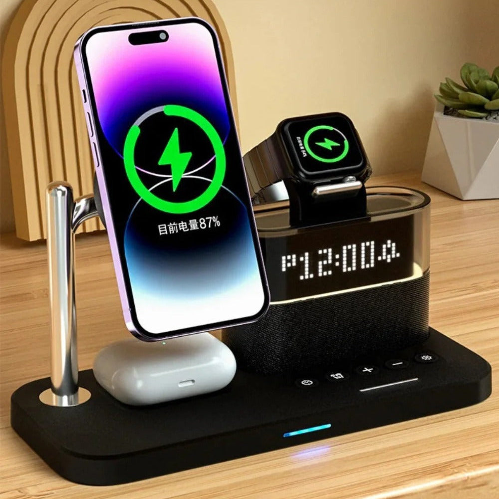 5-in-1 15W Magnetic Wireless Charger with Night Light & Alarm Clock for iPhone, Hui, Xiaomi, Earphones, Smart Wristbands