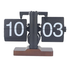 Retro Mechanical Flip Clock with Walnut Wood Base, 24-Hour Display, Desk Decor for Home/Office