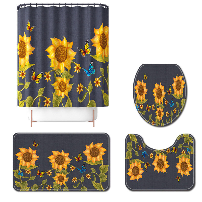 Sunflower Style Waterproof Toilet Seat Cover Shower Curtain Non Slip Rug
