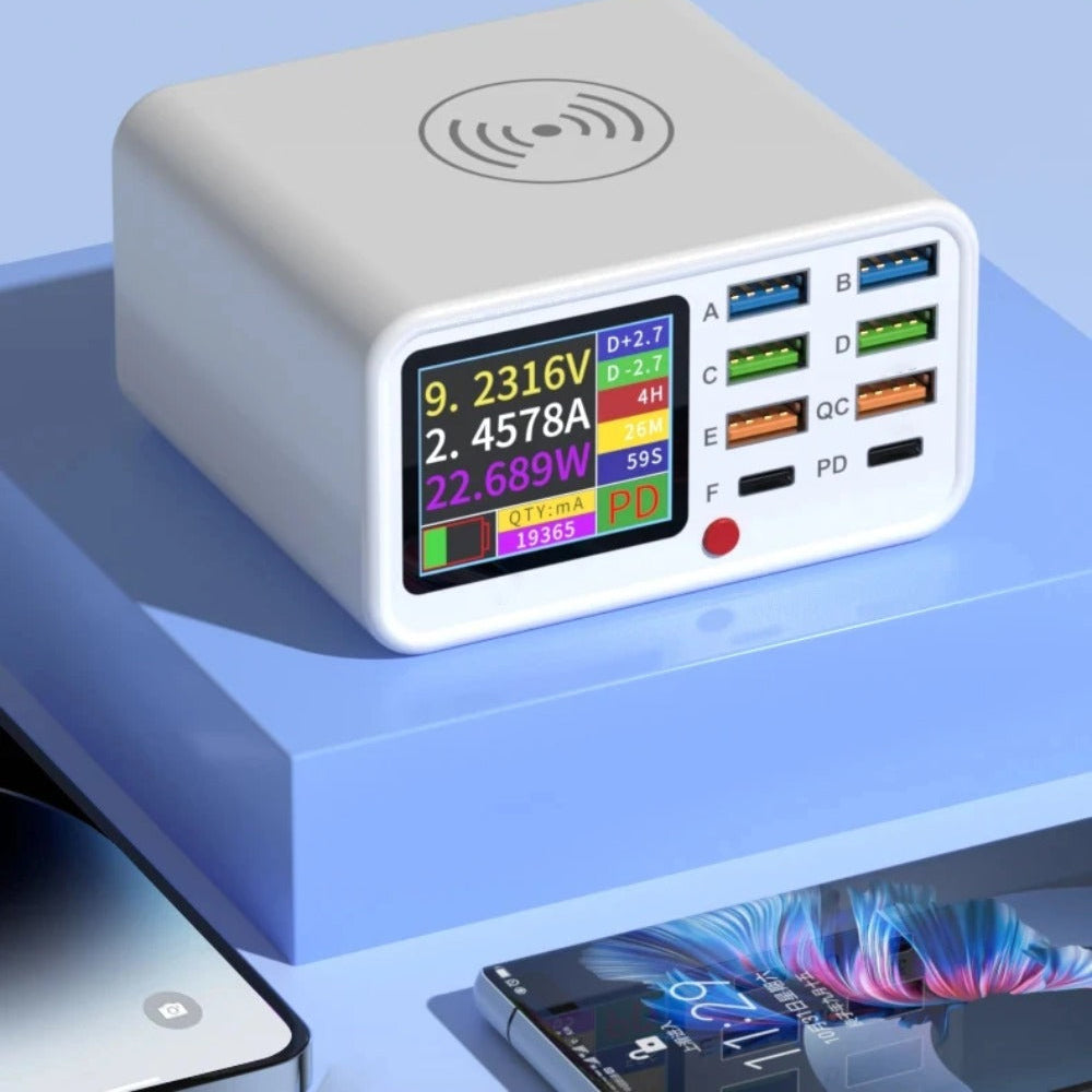 Multi-Functional 8-Port USB Wireless Fast Charger with Visual Current Detection for Mobile Devices