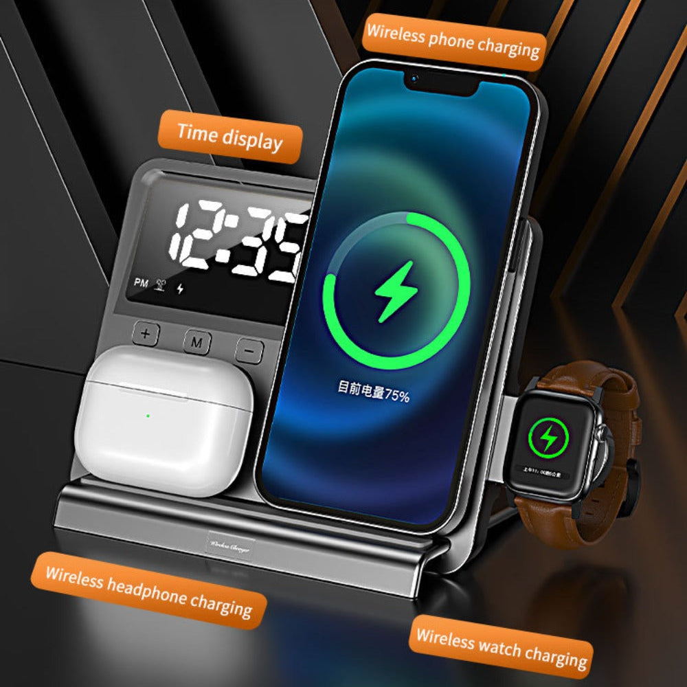 15W Fast Wireless Charger with Timing Clock for iPhone, Samsung, Hui, Xiaomi, AirPods, Apple Watch