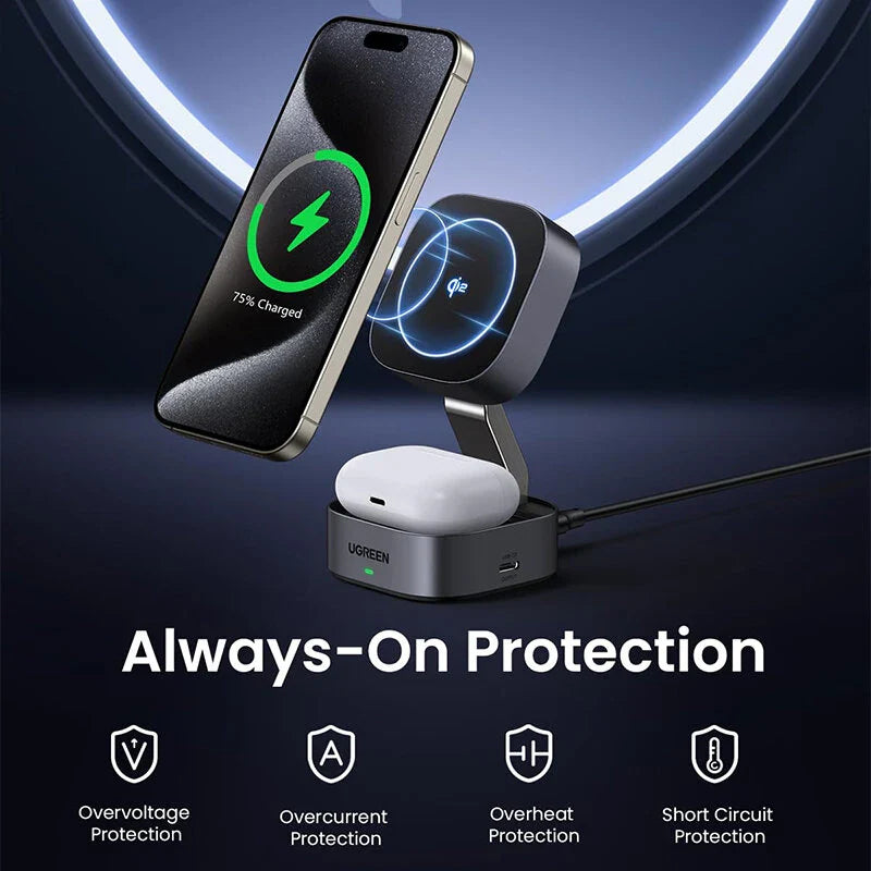 15W 2-in-1 Magnetic Wireless Charger Stand for iPhone, Samsung, Civi, Pura, AirPods & Apple Watch