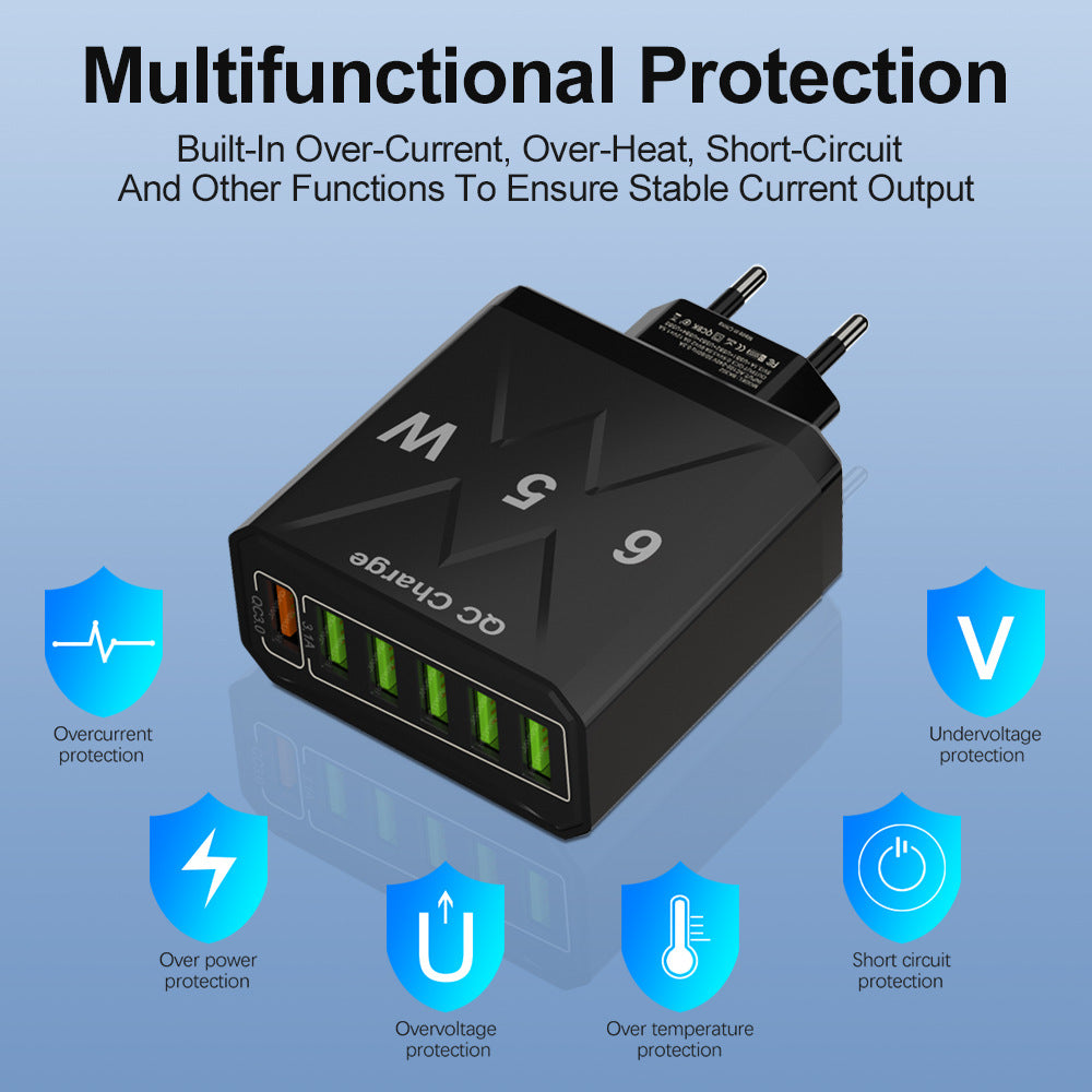 65W 6-Port USB Charger, QC3.0 Fast Charging Adapter for iPhone, Samsung, Hui, Oppo, Redmi