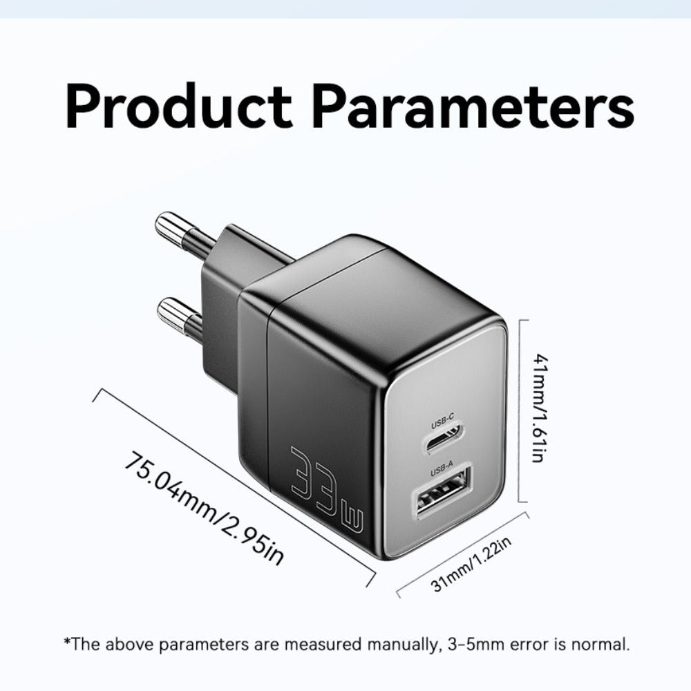 33W GaN USB PD Charger, Dual Port USB-A/USB-C, Fast Charging for iPhone, Hui, Xiaomi, Oppo