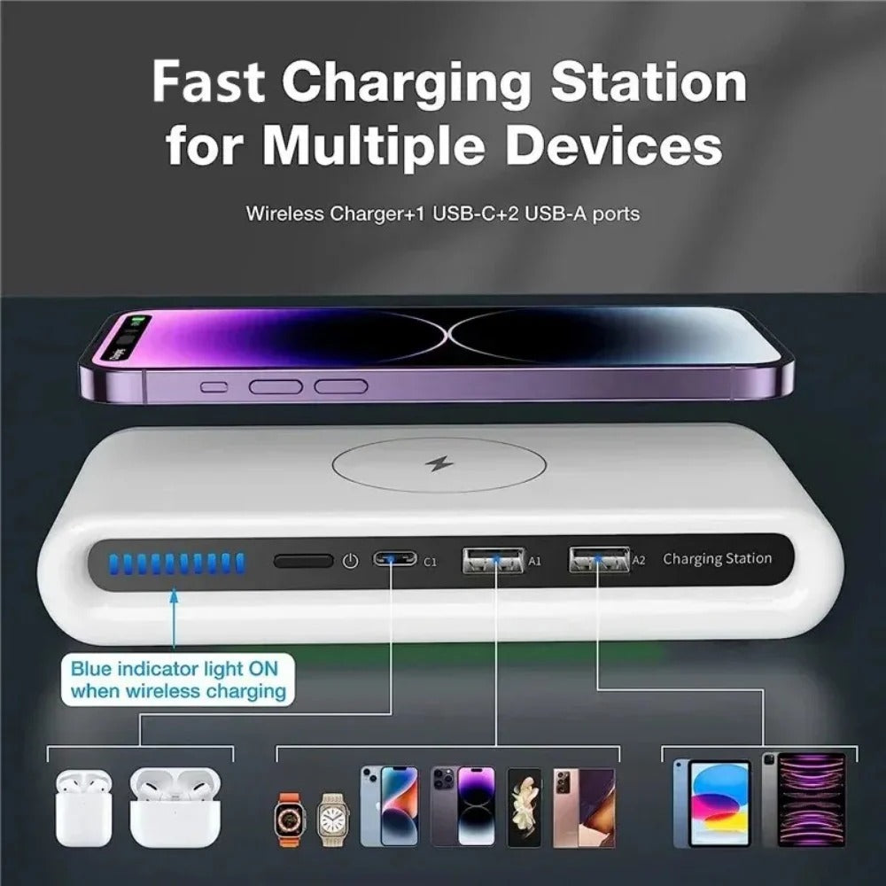 4-in-1 Wireless Charger Stand with LED Light, Type-C PD USB for iPhone, Samsung, Xiaomi