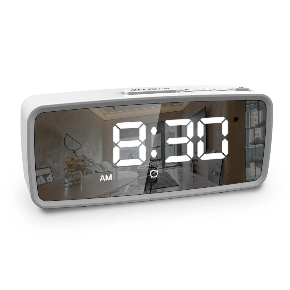 USB-Rechargeable LED Mirror Digital Alarm Clock with Snooze Mode