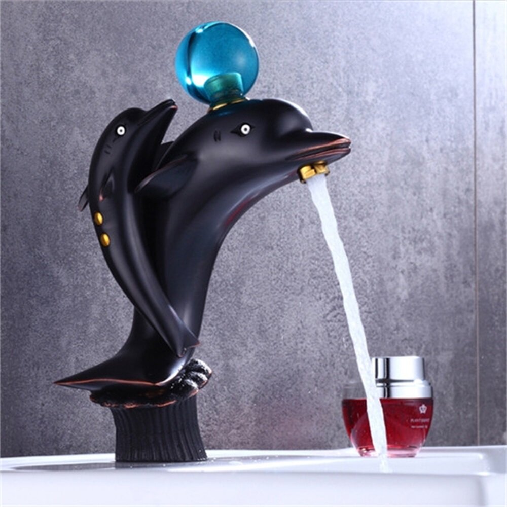 Black Bathroom Basin Faucet Brass Dolphin Single Hole Hot And Cold Sink Mixer Tap