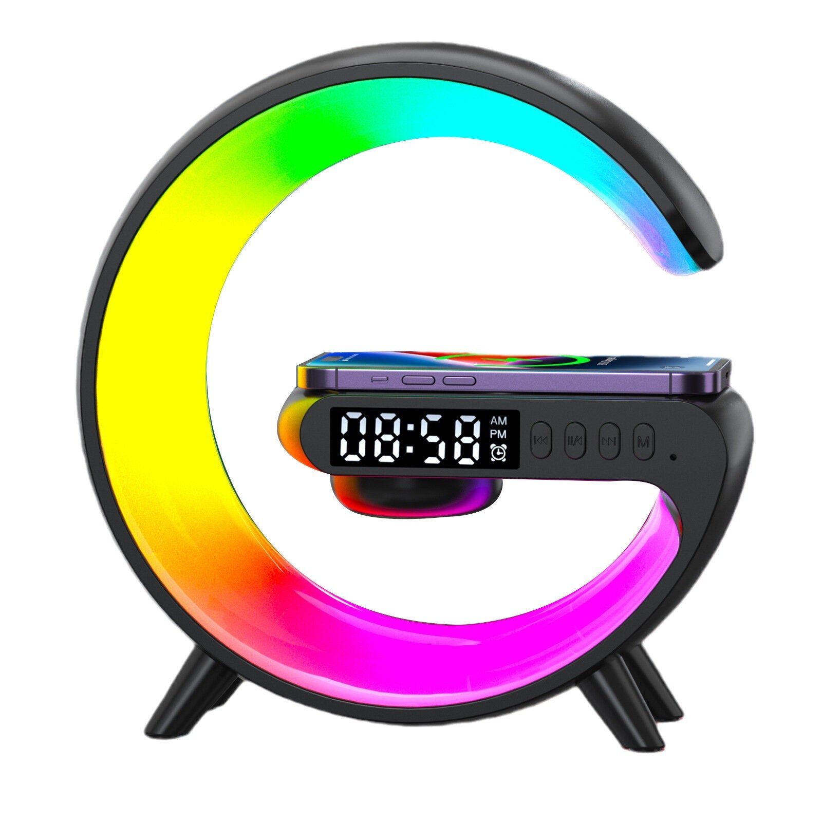 Multi-functional Wireless Charger Alarm Clock Speaker RGB Light Fast Charging for iPhone, Hui, Samsung, Xiaomi