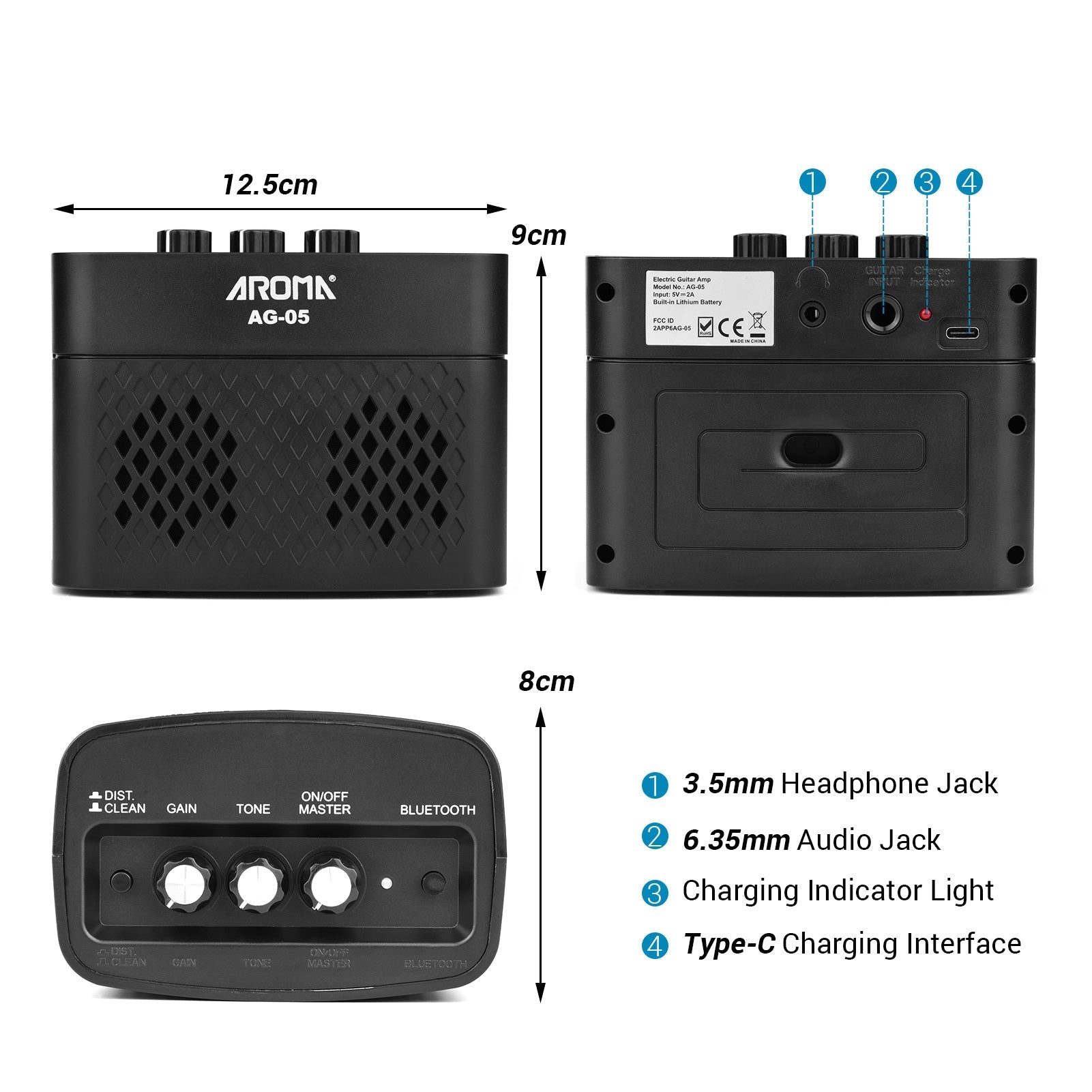 Bluetooth Electric Guitar Amp Amplifier 5-Watt Stereo Output Distortion Gain Tone Control 3.5mm Monitoring 6.35mm