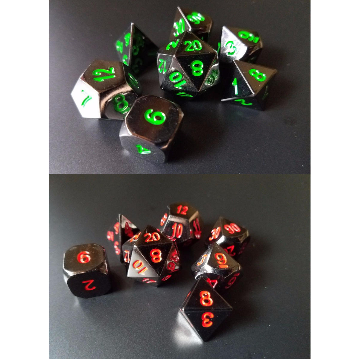 Metal Polyhedral Dice with Bag Green Red 7 Piece Metal Set DnD RPG