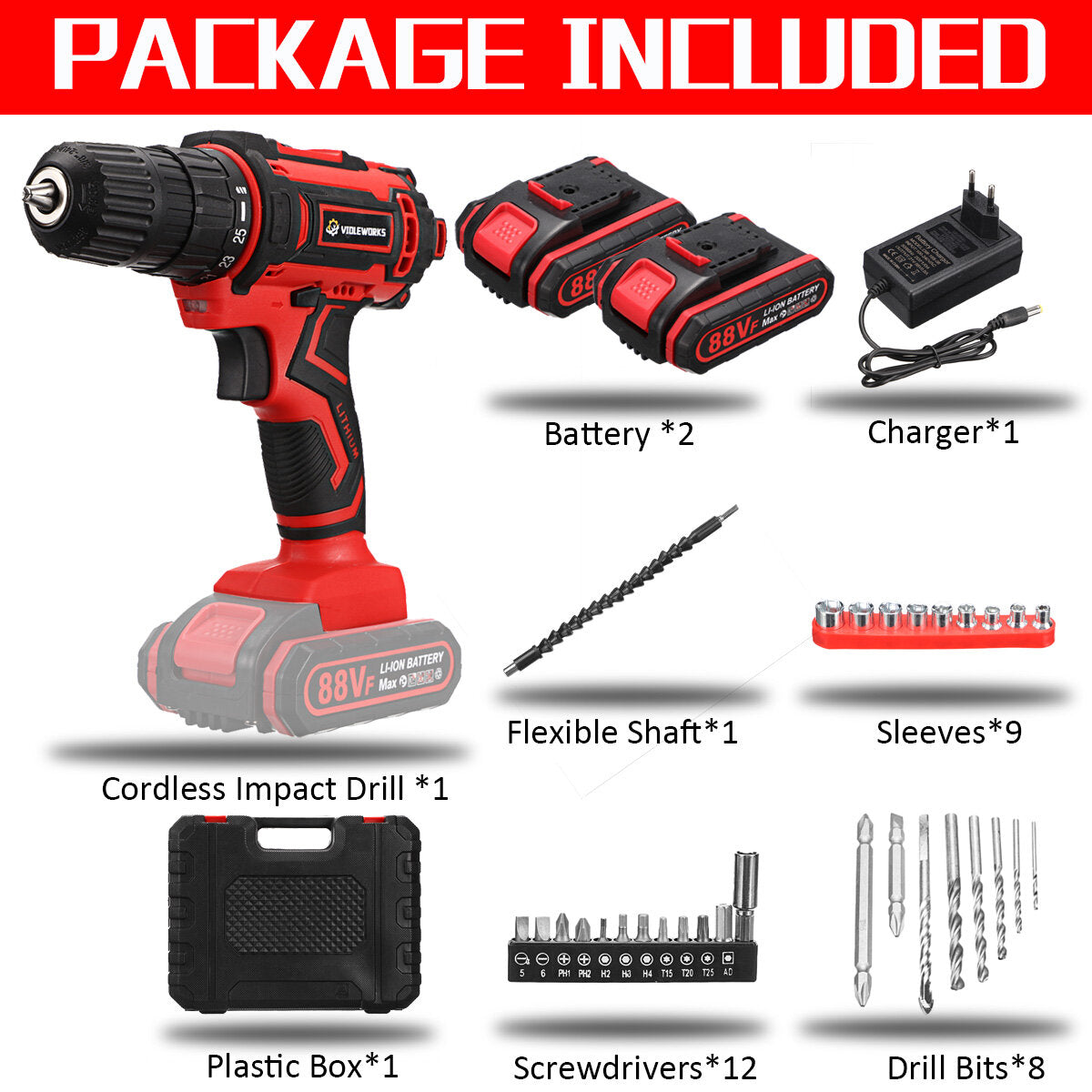 88VF 6000mAh Cordless Electric Drill Screwdriver + 30Pcs Accessories + 1/2Pcs Battery