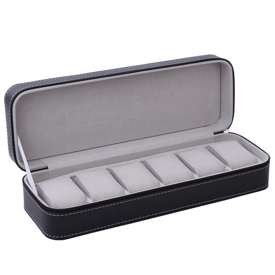 6 Slot Watch Box PU Leather Watch Display Zipper Box