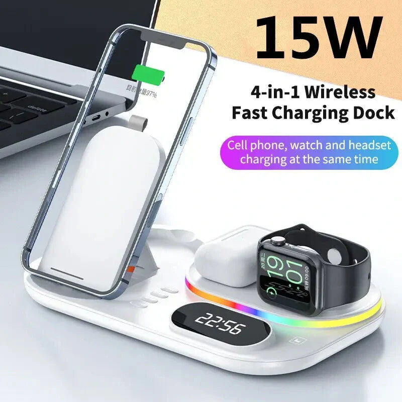 15W 4-in-1 Wireless Charger with Clock & RGB Lights for iPhone, Samsung, AirPods, Apple Watch