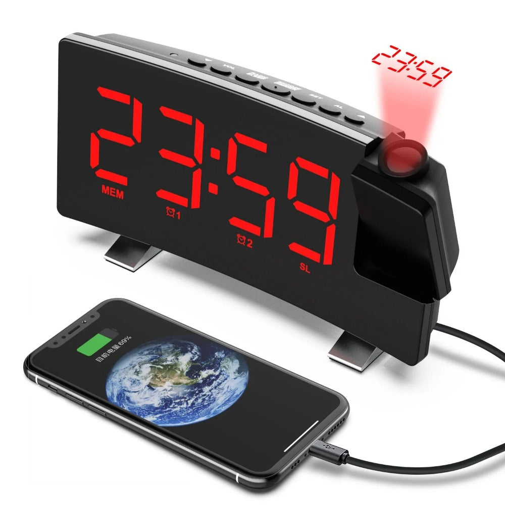 8" Projection Alarm Clock: 180° Projector, FM Radio, USB Charger, Adjustable Brightness, LED Display - for Bedroom/Living Room