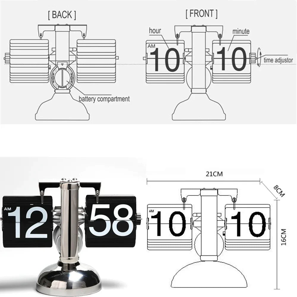 Vintage Flip Clock - 12-Hour Retro Stainless Steel Desk Clock with Large Display for Living Room & Bedroom