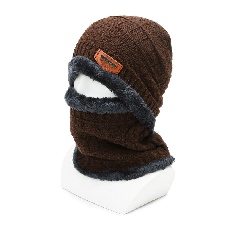 Winter Padded Hat Scarf Set Warm Knitted Cap Thick Fleece Lining Neck Warmer for Men Women