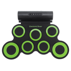 Portable Electronic Digital USB 7 Pads Roll up Set Silicone Green Electric Drum Kit with Drumsticks and Sustain Pedal