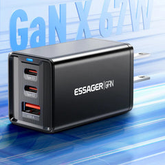 67W GaN 3-Port USB PD Charger: 2 USB-C + USB-A Fast Charging Adapter for iPhone, Hui, Samsung