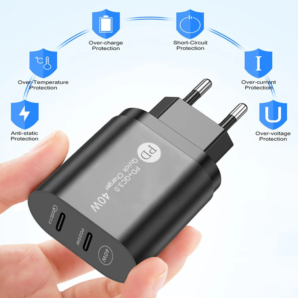 Dual 20W USB PD QC3.0 Fast Charger Adapter EU Plug for iPhone, Hui, Samsung, Xiaomi