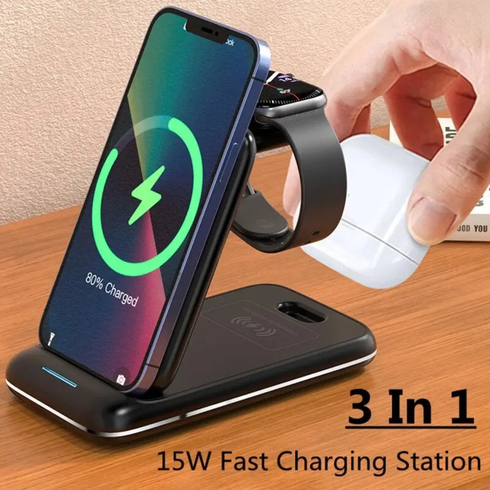 3-in-1 Fold-able Wireless Charger Stand for iPhone, Apple Watch, AirPods Pro, 15W Fast Charging