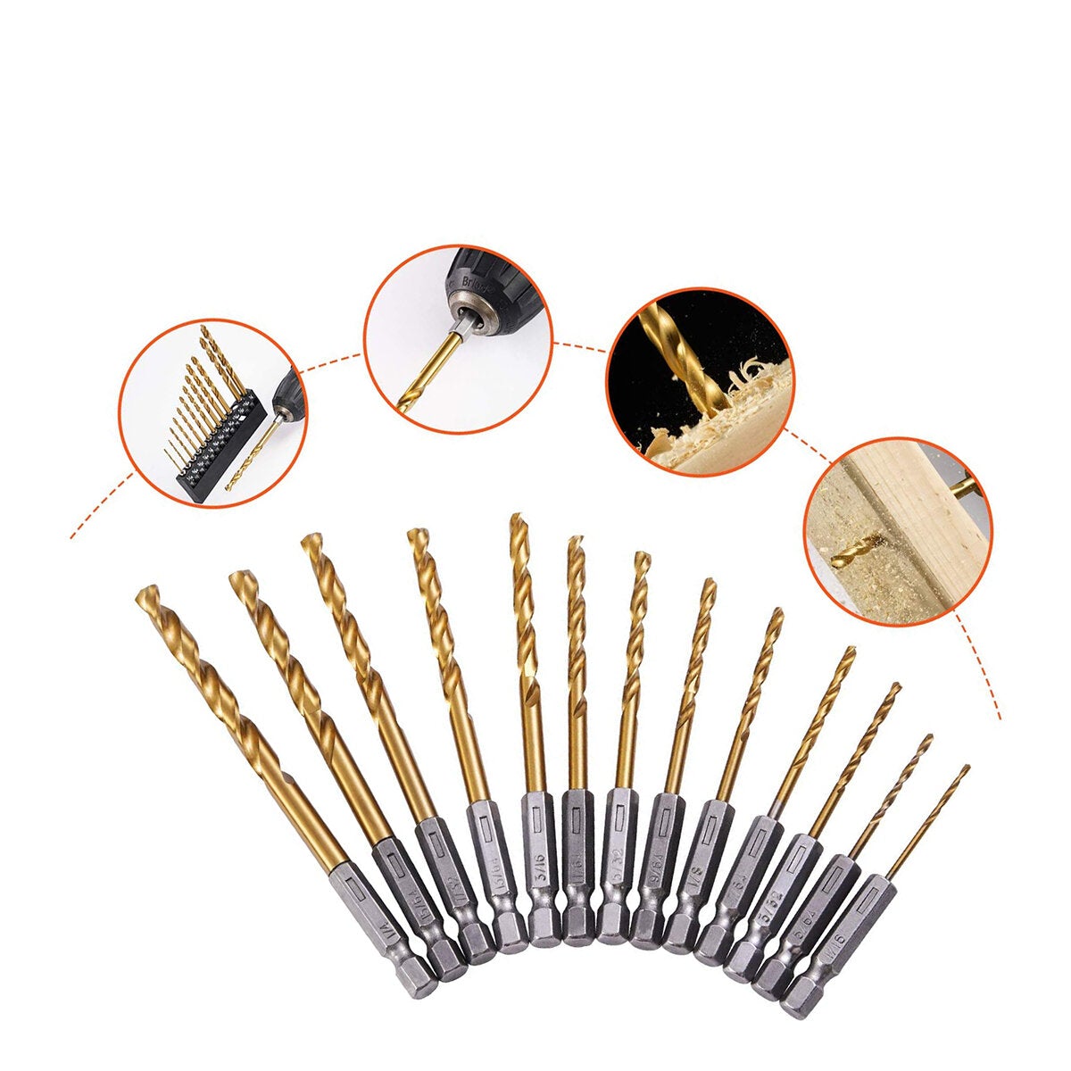 13Pcs Twist Drill Set Individual Drill Bits 1/16"-1/4" Hex Shank Drill Set Titanium Coating HSS Drill Bit Set Quick Change