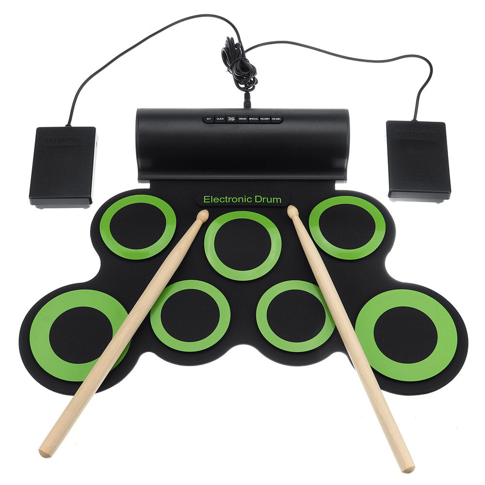 Portable Electronic Digital USB 7 Pads Roll up Set Silicone Green Electric Drum Kit with Drumsticks and Sustain Pedal