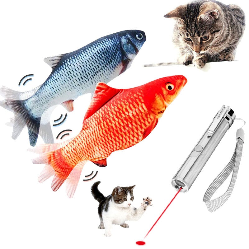 Funny Cat Lamp & 2 Plush Fish Set Mint Powder 2USB Charging Cable