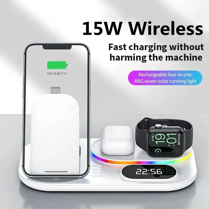 15W 4-in-1 Wireless Charger with Clock & RGB Lights for iPhone, Samsung, AirPods, Apple Watch