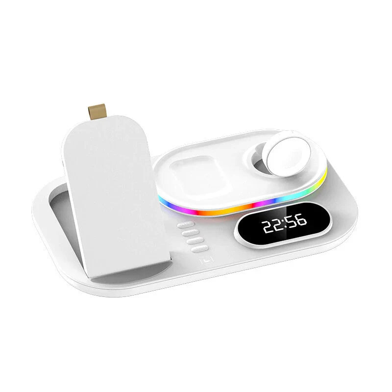 15W 4-in-1 Wireless Charger with Clock & RGB Lights for iPhone, Samsung, AirPods, Apple Watch