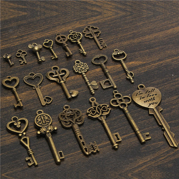 19Pcs Antique Vintage Old Look Skeleton Key Set Lot Pendant Heart Bow Lock Steampunk Jewel