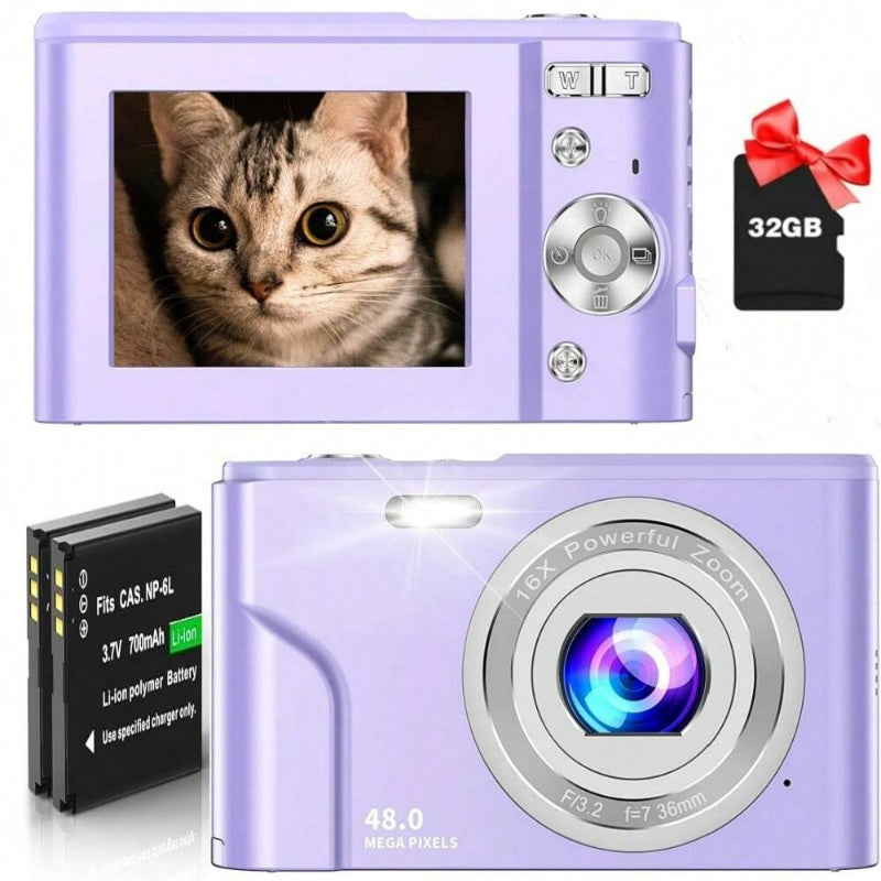 FHD 1080P 48MP Digital Camera, 16X Zoom, Beginner-Friendly, Mini Camera with 2 Batteries & 32GB SD Card