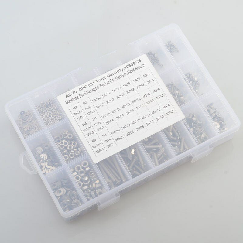 1080pcs M2 M3 M4 Stainless Steel Countersunk Flat Head Hex Socket Screw Nut Bolts Washers Assortment Kit