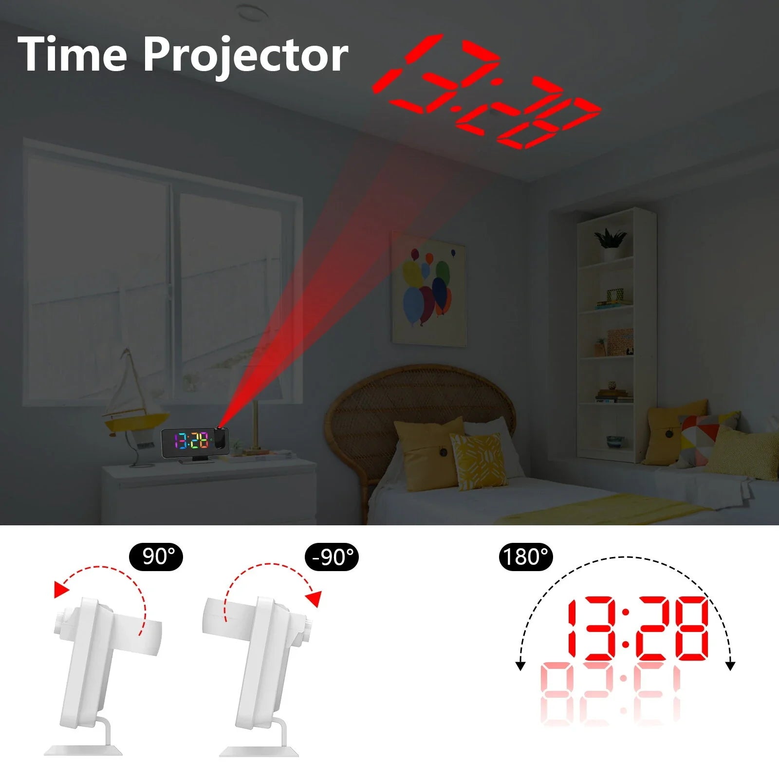 RGB LED Projection Alarm Clock: 180° Projector, 11 Colors, Mirror Surface, USB Charger, Adjustable Brightness - Bedroom/Living Room