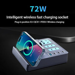 72W 7-Port USB PD Charger: 3 USB-C, USB-A, 3 AC, Wireless Fast Charger for iPhone, Hui, Xiaomi