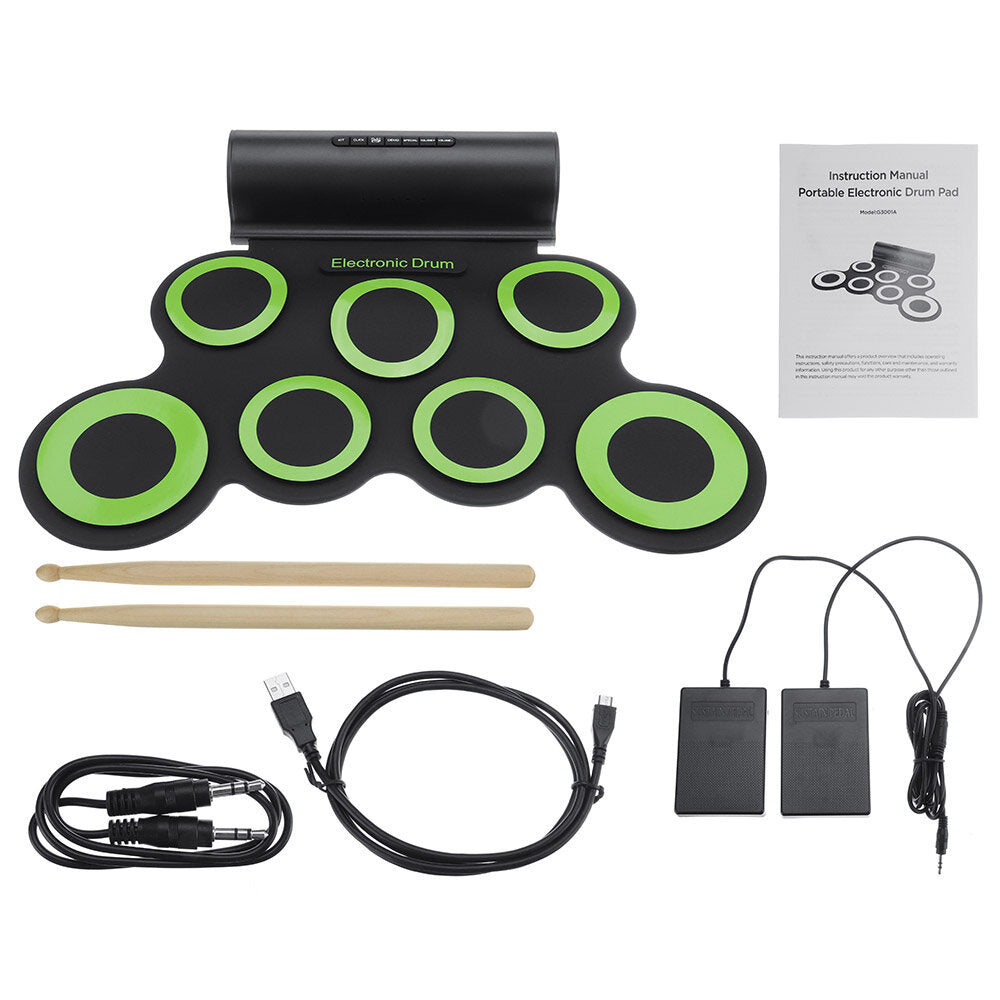 Portable Electronic Digital USB 7 Pads Roll up Set Silicone Green Electric Drum Kit with Drumsticks and Sustain Pedal