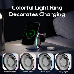 15W RGB Wireless Charger Stand: Fast Charging for iPhone 15/14/13, Samsung S24, Apple Watch, AirPods