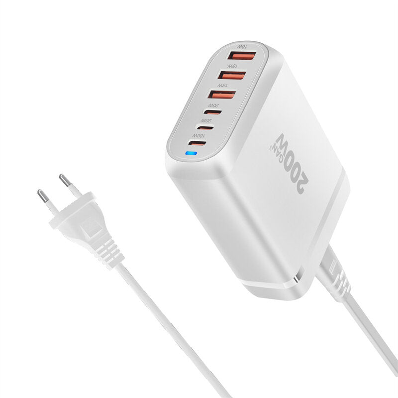 200W 6-Port GaN USB PD Charger, 2USB-A+4USB-C Fast Charging Station for iPhone, Hui, Samsung, MacBook