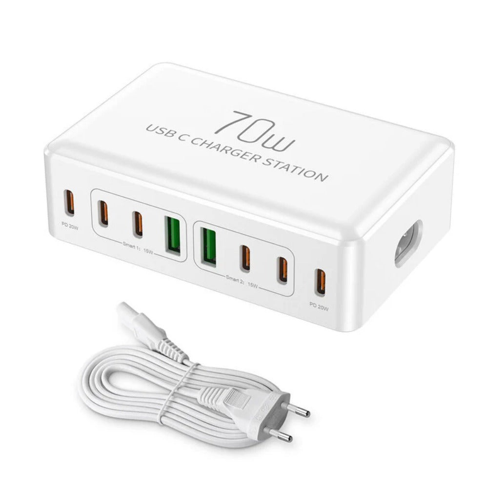 70W 8-Port USB PD Charger, 2 USB-A + 6 USB-C, Fast Charging Station for iPhone, Hui, Xiaomi, Samsung