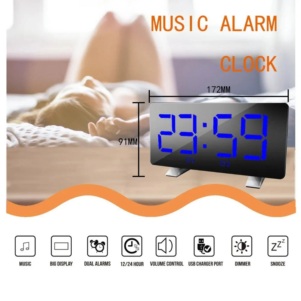 LED Digital Alarm Clock with Mirror, USB Charging, Adjustable Brightness, 10 Music Options, and Memory Function