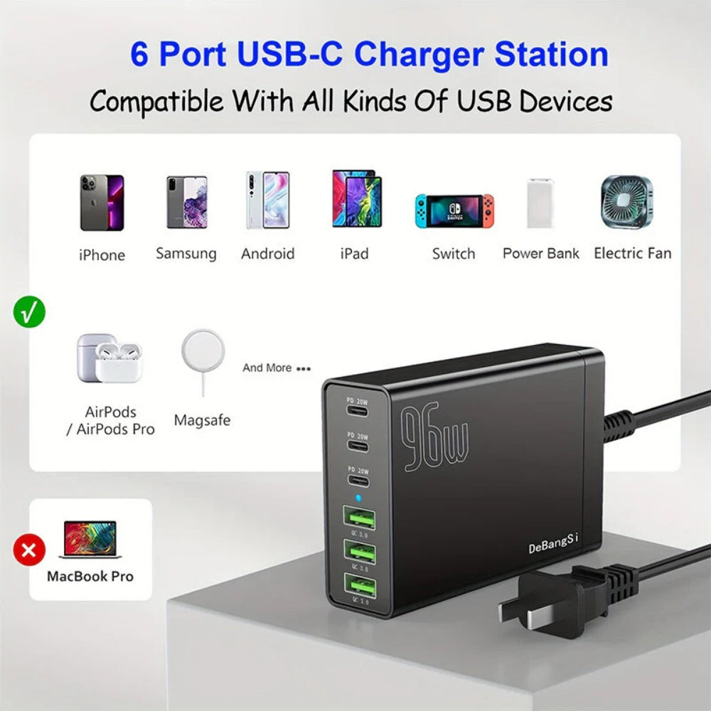 6-Port USB PD Charger: 3 USB-C + 3 USB-A, Fast Charging Station for iPhone, Hui, Samsung, Oppo