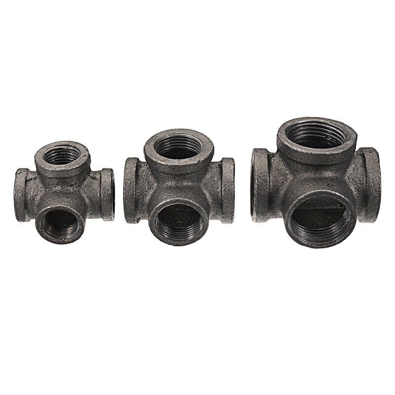 1/2" 3/4" 1" 4 Way Pipe Fitting Malleable Iron Black Side Outlet Tee Female Tube Connector