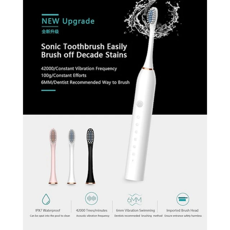 Adult Sonic Electric Toothbrush - 4 Heads, 60-Day Battery, 6 Modes, IPX7 Waterproof, Timer